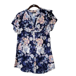 PERSEPTION MATERNITY top, tunic style, ruffled yoke, short sleeve, floral, Large